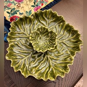 Vintage Pottery Barn Green Garden Crudite Set Bowl & Platter Cabbage Leaf